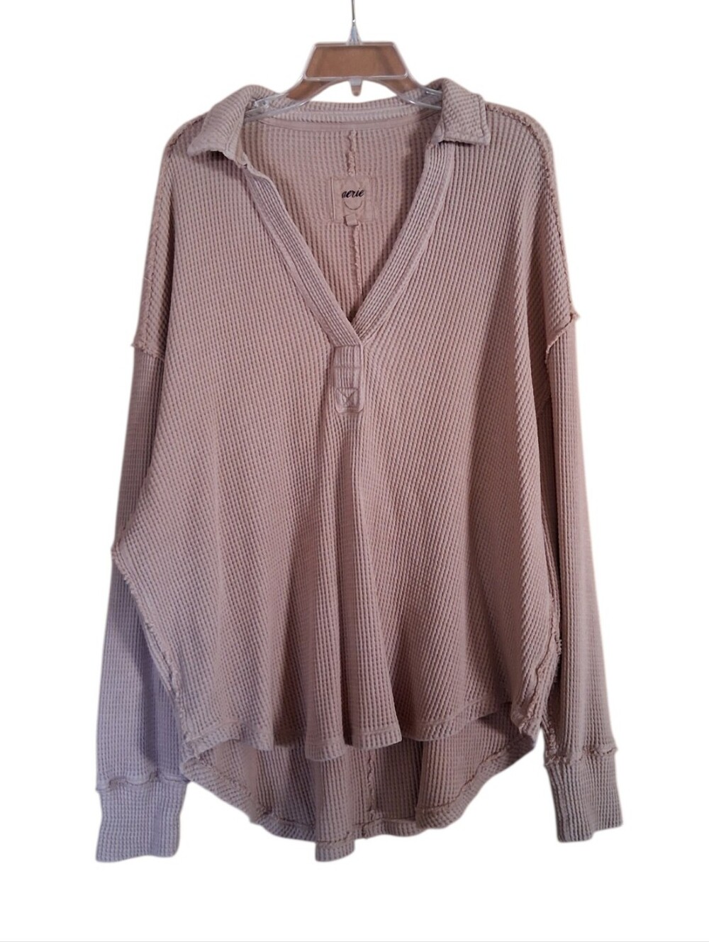 Aerie Waffle Knit Oversized V Neck Long Sleeve Pullover Size XL